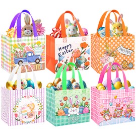 6 Pack Easter Gift Bags, 8.3×7.9×6 inch Non-Woven Large Easter Bags with Handles, 6 Unique Patterns Egg Hunt Baskets for Kids, Party Supplies