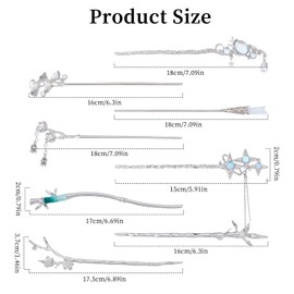 NICENEEDED 8 Pcs Retro Asian Chinese Hanfu Hair Sticks, Metal Flower Hair Pins with Pendants, Vintage Long Hair Pins Forks Chopsticks for Women Silver Fancy Headpieces Accessories