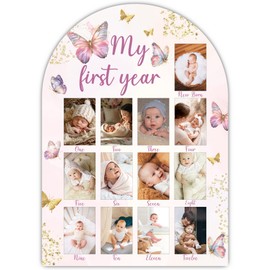 UIBOVA My First Year Photo Board, Butterfly Baby Milestone Signs for Boys Girls Nursery Decor, 12 Month Wooden Picture Board for 2x3 Photos, Best Babies Keepsake Gifts-A21