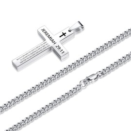 REVEMCN Inspirational Bible Verse Cross Necklace for Men Boys, Stainless Steel Plain Black Silver Cross Pendant Necklace for Men 20-24 Inches Curb Chain Faith Jewelry Gift, Stainless Steel, not
