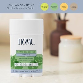 Homu | 1 Pieza Desodorante Natural en Barra Notas del Bosque Sensitive - Fórmula para pieles sensibles (sin Bicarbonato de sodio) - Cont. 55 grs. Por 