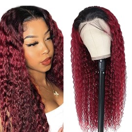 Lakaisa Front Lace Wig Human Hair Wig Real Hair Women's Glueless Wig Wear and Go Deep Wave Wig 100% Brazilian Remy Hair Red Ombre Colour 13 x 1 HD Lace 180% Density No Smell 24 Inches (61 cm)