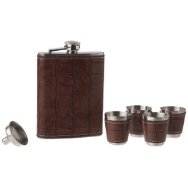 LE REGALO BROWN 6PC SET INCLUDES FLASK, SHOT GLASSES AND POURER. FAUX LEATHER FNISH, DARK, Moderate