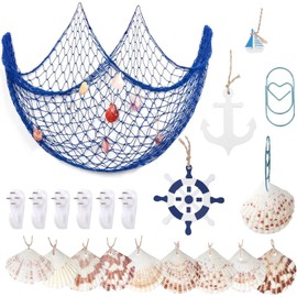 YSDMY Decorative Fishing Net 1 m x 2 m Nautical Fish Net with Shells, Sailing Boat, Steering Wheel, Wooden Anchor, Picture Hanger, Paper Clips for Nautical Decoration Party at Home