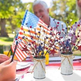 Caplidou 2 Pcs Patriotic Decorations, 4th of July Artificial Floral Berry Stem Picks with Vase Red White and Blue Berries Flowers Branches for Independence Day Memorial Day Table Centerpieces Home