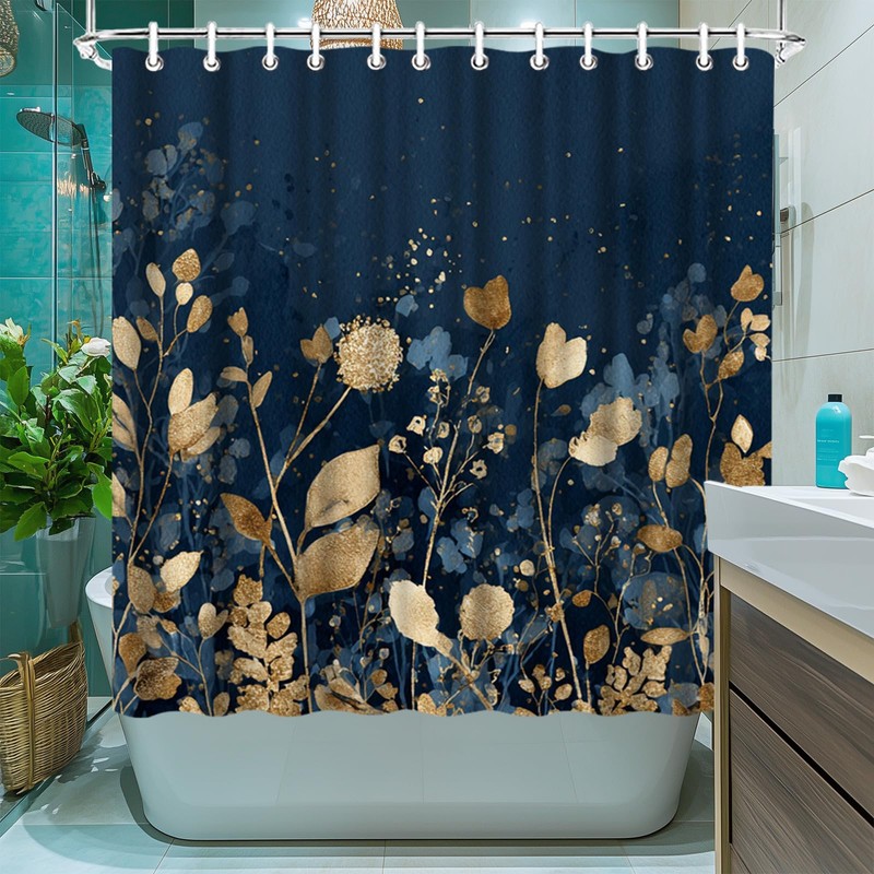 LeAquaNook Navy Blue Shower Curtain Dark Blue and Gold Leaf