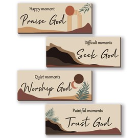 ONIZHITY 4 Pcs Boho Bathroom Decor Religious Wall Art Bible Verse Inspirational Navy Bohemian Wall Decor Rustic Wooden Christian Sign for Home Bathroom Office Bedroom Living Room Kitchen(Boho 10x4")