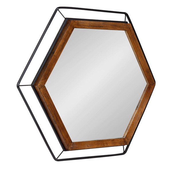 Kate and Laurel Wesmen Modern Hexagon Wall Mirror, 28 x 28, Walnut and Black, Decorative Home Decor with Dimensional Geometric Hexagon Shape for Wall