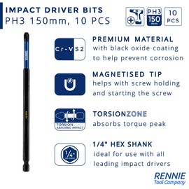 10 x Rennie Tools 150mm Long PH3 Impact Screwdriver Driver Bits Set. Magnetic Phillips No.3 Heavy Duty Impact Driver Bit Set. Extra Long PH3 Bits. Hex Shank. Cross Head