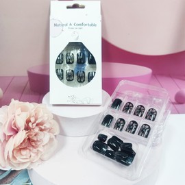 Black Flower Press on Nails 24Pcs Sparkly French Tips Acrylic Fake Nails Curve Line Stick on Nails Glossy Silver Glitter False Nails Black Daisy Gel Glue on Nails for Coquette Women Girls