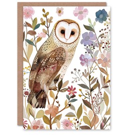 Artery8 Greeting Card Barn Owl Bird with Wildflowers Floral Watercolour For Her Woman Birthday Card