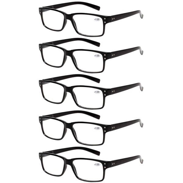 Reading Glasses 5 Pairs Quality Readers Spring Hinge Glasses for Reading for Men and Women (5 Pack Black, 5.00)