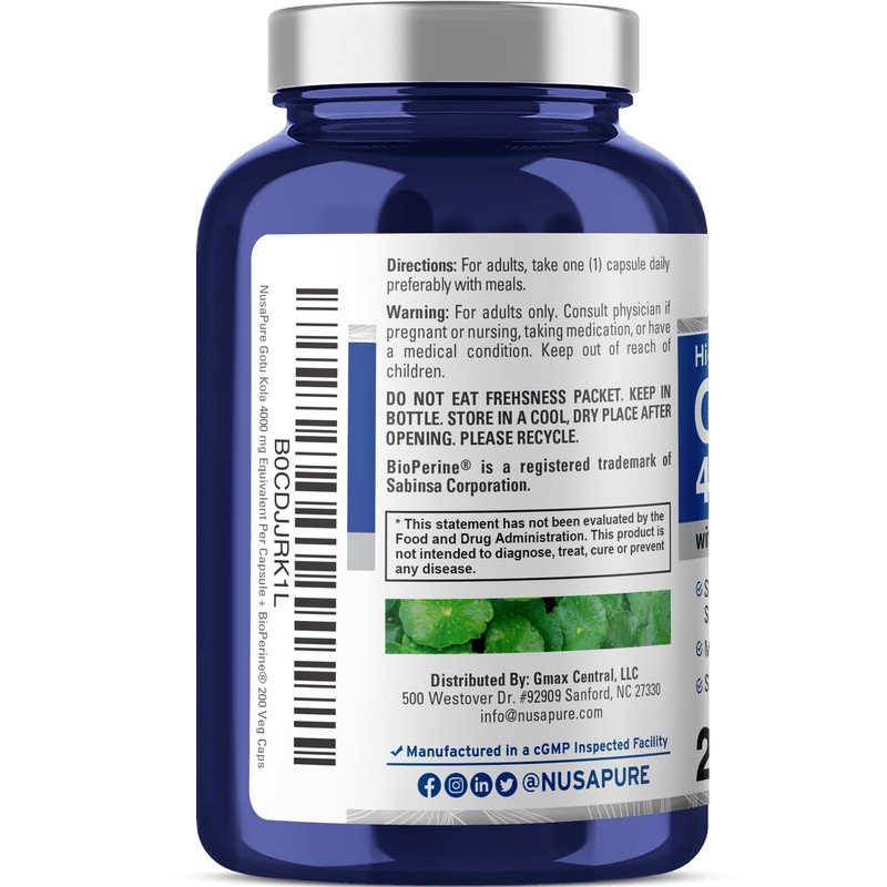 NusaPure Gotu Kola Capsules 20:1 Extract, 200 mg Equivalent to