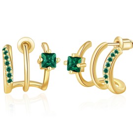 Green Cubic Zirconia Triple Huggie Illusion Stud Earrings 14K Gold Open Hoop Birthstone Earrings - Dainty Minimalist Huggie Claw Wrap Ear Cuffs for Women