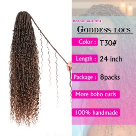 Goddess Locs Crochet Hair 24 Inch Faux Locs Crochet Pre-looped Boho Faux Loc with Curly Ends 8 Packs Long Bohemian River Loc Crochet Hair for Black Women(24Inch,T30)