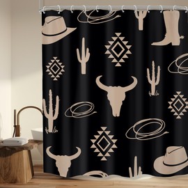 Mitpok Western Shower Curtain Aztec Black Boho Cow Skull Bohemian Bull West Farmhouse Retro Cactus Southwestern Vintage Wrangler 60Wx72H Bathroom Decor Bath Curtain Fabric Polyester 12 Pack Hooks