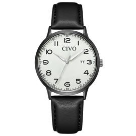 CIVO Watches Men's Women's Leather Bracelet Watch – Minimalist Design Watch Analogue Quartz Classic Men's Watch Women's Watch Date Luminous Waterproof – Gifts for Men Women, Women's Black White