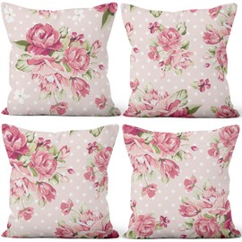 Vie Savaran Flower Throw Pillow Covers 18"x18" Set of 4, Romantic Spring Blooming Pink Roses Floral Couch Cushion Cases for Chair Sofa Bed Living Room Garden Car Indoor Outdoor Home Decorative