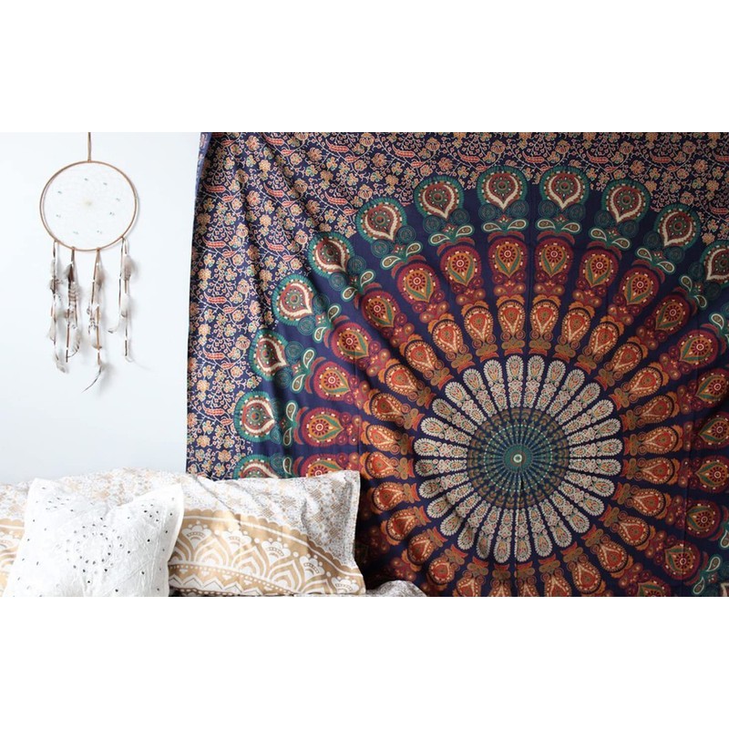 raajsee Blue Orange Tapestry Mandala Wall Hangings, Indian cotton Throw