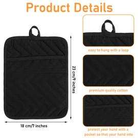 Sibba Black Pot Holders with Pocket, 2 Pcs Cotton Heat Resistant Potholder, 7 x 9 Inch Trivets Large Coasters, Baking Square Oven Mitts for Kitchen and Baking