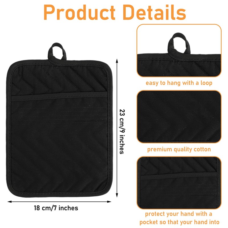 Sibba Black Pot Holders with Pocket, 2 Pcs Cotton Heat