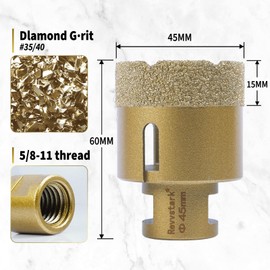 Diamond Core Drill Bits 1-3/4 Inch (45mm) Tile Hole Saws Vacuum Brazed Diamond Hole Saw for Tiles Porcelain Ceramic Glass Marble Brick Granite Quartz, Dry or Wet Use, 5/8-11 Thread