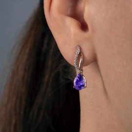 Jewelili Rose Gold over Sterling Silver with 9x6 MM Pear Amethyst and Round Created White Sapphire Dangle Earrings, Metal, Amethyst