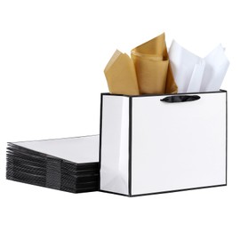 SHIPKEY 10 Pcs White and Black Gift Bags, Groomsman Bags with Tissue Paper, 14x5x10 Inches Large Paper Bags for Boys/Girls/Baby (35x13x26 cm)