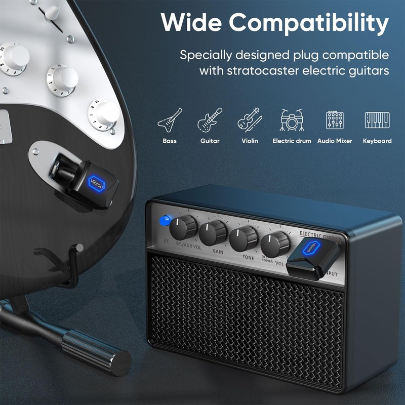 Vibroo 5.8Ghz Wireless Guitar System, Charging Case Included, Wireless Transmitter