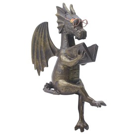 Dragon Reading Book Statue Figurine Sculpture, Wearing Metal Glass Dinosaur Mini Cute Small Creative Ornament for Garden Bookshelf Decorations Adult Shelf Home Landscaping Outdoor Desktop Housewarming