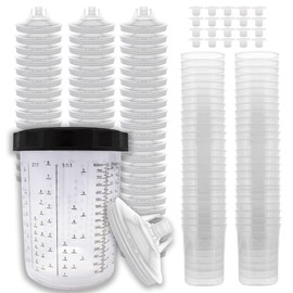 LAUCO 50 Pack Disposable Spray Gun Paint Cups Liners and Lid System Kit - 27 Ounce (800ml) Kit - 50 Cup Liners, 50 Lids with 125 Mic Strainer, 1 Hard Cup with Retainer Ring and 20 Plugs