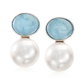 Ross-Simons 13.5-14mm Cultured Pearl and 10.00 Aquamarine Earrings in Sterling Silver