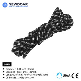 NewDoar CE & UIAA Certificated 14KN 8mm(5/16in) Static Climbing Rope High Strength Accessory Cord Safety for Outdoor Survival, Hiking, Mountaineering (Black 8mm,20ft)