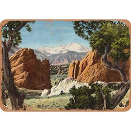 10 x 14 METAL SIGN - Colorado Postcard - Pikes Peak (alt. 14,110 ft.) and the Gateway to the Garden of the Gods - Vintage Rusty Look