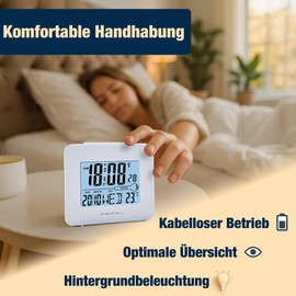 PEARL Reise-Funk-Wecker: Funk-Wecker mit Snooze-Funktion,Datum-,Wochentag- & Temperaturanzeige (mit Thermometer, klein)