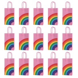 Zanceamy 24 Pcs Rainbow Paper Bags, Rainbow Candy Treat Bags, Small Gift Bags, Paper Birthday Present Bags with Handles for Wedding Birthday Party Baby Shower Shopping Supplies (Pink)