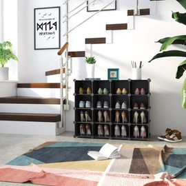 C&AHOME Plastic Shoe Rack,16-Cube Modular Shoes Storage Stand, Multifunction Closet Cabinet, Stackable Shoe Organizer Units for Bedroom Living Room Doorway, 36" L × 14.2" W × 28" H Black SRP15B