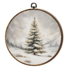 FSTCSV Winter Christmas Tree Round Wall Art Framed, Vintage Christmas Tree Snow Canvas Prints Wall Hanging Art, Retro Neutral Winter Forest Pine Trees Snow Circle Walls Decor for Home Bedroom,10x10in