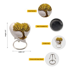 TREE of LIFE Heart Keepsake Urn - Mini Ash Handcrafted Cremation Small Urn for Ashes- Perfect for Adults & Infants - Tribute to Your Loved One - with Free Velvet Box & Display Stand (WHITE & GOLD)