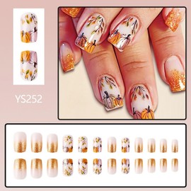 Thanksgiving Press on Nails Glitter French Tip Fake Nails Pumpkin & Leaf Designs Fall Press on Nails Short Square Acrylic Nails Full Cover Glossy False Nails for Women Nail Art Manicure 24 Pcs