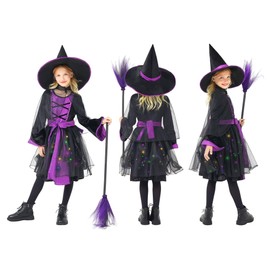 Funnlot Witch Costume Children, Fancy Dress Costumes Girls with Witch Dress Witch Hat Witch Broom Carnival Costume Children for Fancy Dress M