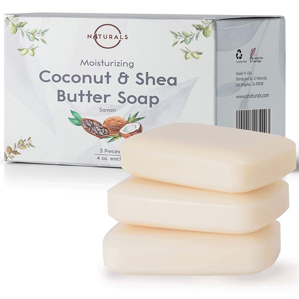 O Naturals 3 Piece Moisturizing Organic Coconut Oil, Shea Butter Bar Soaps. Softens, Nourishes Dry Skin & Sensitive Skin. Face, Hands & Body Soap. Made in USA. Triple Milled, Vegan 3pk 12oz Total
