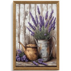 FWAHREN Vintage Lavender Flower Framed Canvas Wall Art, Modern Farmhouse Pictures Prints Artwork, Rustic Cottage Country Floral Paintings Wall Decor for Living Room Bedroom Bathroom Kitchen, 16x24in