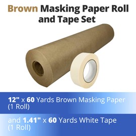 IDL Packaging Masking Paper and Tape Set - 12" x 60 Yards Brown Paper (1 Roll) and 1.41" x 60 Yards White Tape (1 Roll) - Masking Kit for Painting Projects - Surface Protection