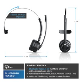 CSL - Bluetooth 5.3 Headset with Charging Station - PC Headphones with Flexible Microphone - Multipoint - Wireless - Lightweight - Hands-Free - for Car and Truck Computer Call Center Mobile Phones