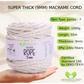MeriWoolArt® Premium Macrame Yarn 9 mm x 1 m (Natural), Cotton Yarn Cord, Thick Macrame Rope for Wall Hanging, Hanging Basket, Curtain and More DIY Crafts