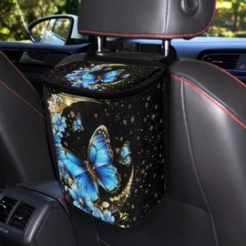 Oramclsy Butterfly Moon Print Car Trash Bag with Zipper Leakproof Car Trash Can Bin Auto Garbage Bag Collapsible Automotive Organizer Hanging Car Garbage Can