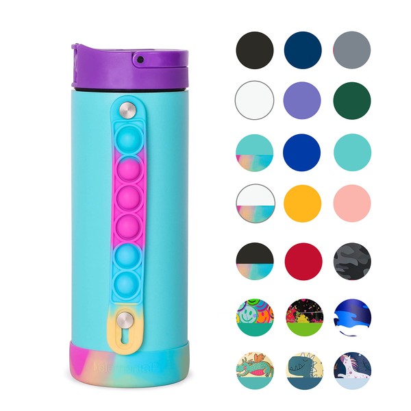 Elemental Iconic Kids Water Bottle with Straw Lid & Stress Reliever Pop It Handle, Leak-Proof When Closed, Triple Insulated Stainless Steel Reusable Thermos Water Bottle, 14oz - Blue Tie Dye