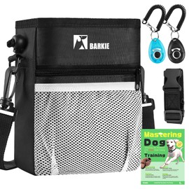 BARKIE Dog Treat Pouch and 2 Pet Training Clickers with Dog Positive Reinforcement Training Booklet (Black)