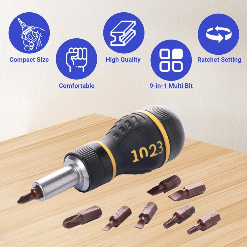 FyMosem 9-in-1 Ratchet Multi Screwdriver, Stubby Ratcheting Screwdriver Mini Multi-Bit